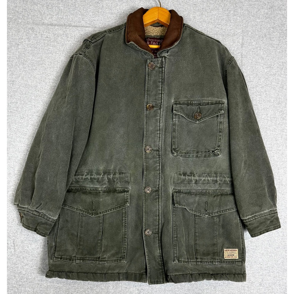 VTG Abercrombie Fitch Field Jacket M Olive Sherpa Line Canvas Barn Chore Coat